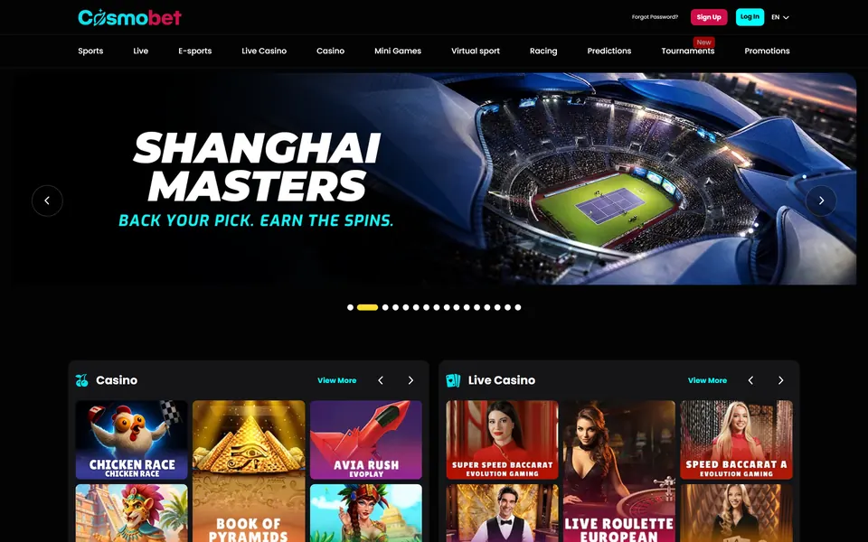 Cosmobet’s main page at cosmobet.com: the Cosmobet logo, a menu running from Sports to Promotions with Predictions and Tournaments, a tennis banner and casino and live casino rows