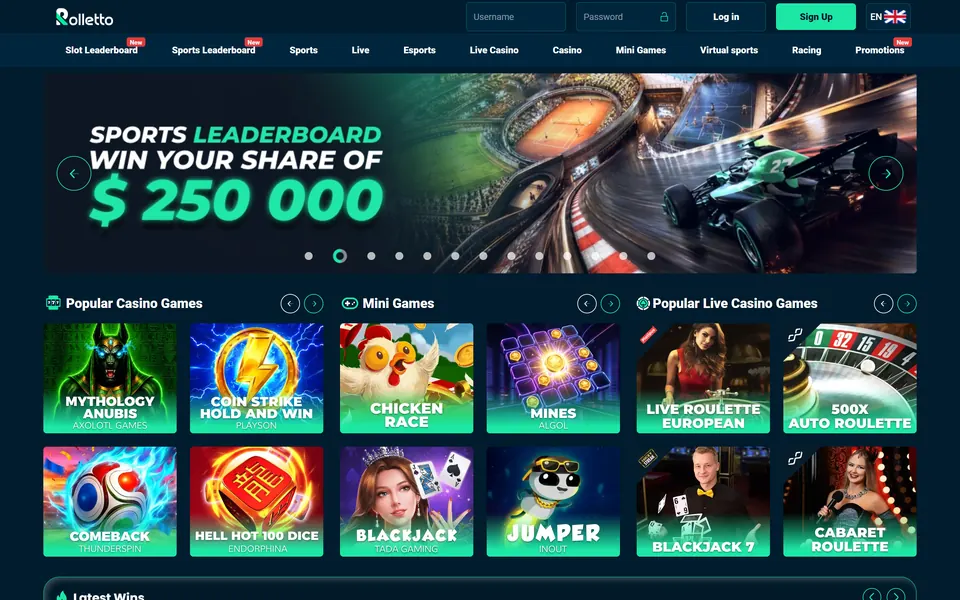 Rolletto’s main page: its logo above a menu that opens with Slot Leaderboard and Sports Leaderboard, a Sports Leaderboard banner, and casino, mini-game and live casino rows