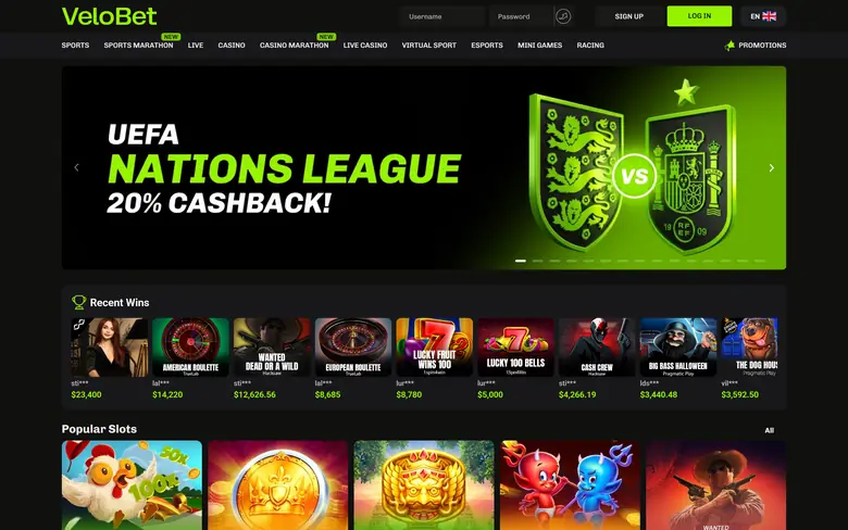 VeloBet’s main page at velobet.com: its logo and sign-in fields, a Sports-to-Racing menu, a Recent Wins strip and a grid of popular slots